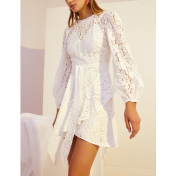 Keepsake Sunshine Lace Tie Wast Long Sleeve Mini Dress in Ivory - Picture 1 of 6